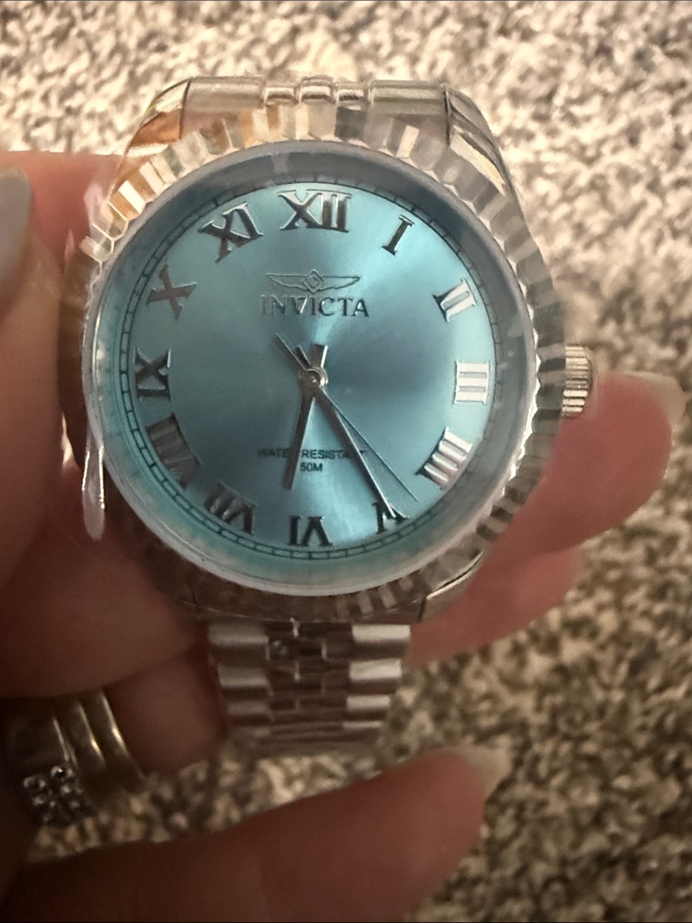 Invicta Silver Stainless Steel Watch with Light Blue Dial